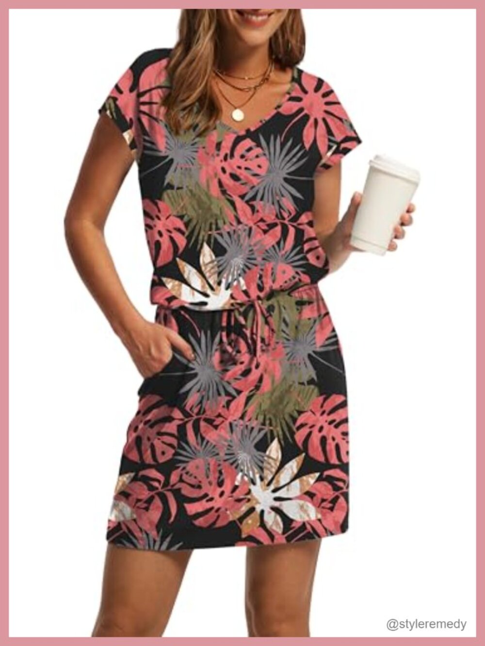 Summer V Neck T Shirt Dress Tie Waist Mini Sundress Pockets